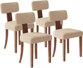 Farmhouse Chair Set of 4, Mid Century Modern Dining Chairs, Sherpa Upholstered Kitchen Chairs with Curved Backrest & Adjustable Legs for Living Room/Bedroom, Easy to Install, Beige Linen