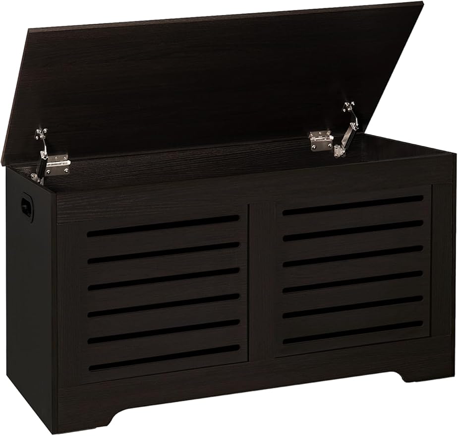 DINZI LVJ Storage Chest, 39.4”Wooden Toy Box with 2 Safety Hinges, Retro Entryway Shoe Storage Bench with Flip-Top, Sturdy Large Storage Trunk for Living Room, Bedroom, Easy Assembly, Espresso