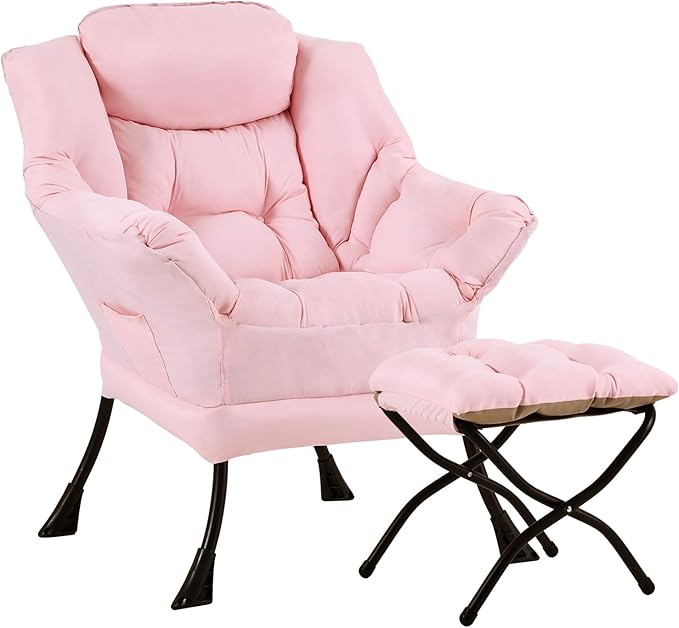 Lazy Chair with Ottoman, Large Modern Lounge Accent Chair with Armrests and Footrest, Reading Armchair with Ottoman, Leisure Sofa Chair for Living Room, Bedroom, Dorm Room, Office (Pink)