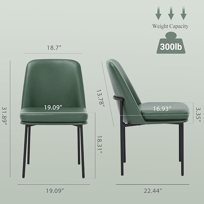 COLAMY Modern Dining Chairs Set of 2, Faux Leather Upholstered Dining Room Chairs Kitchen Chairs Dinner Chair with Curved Back and Metal Legs, Green