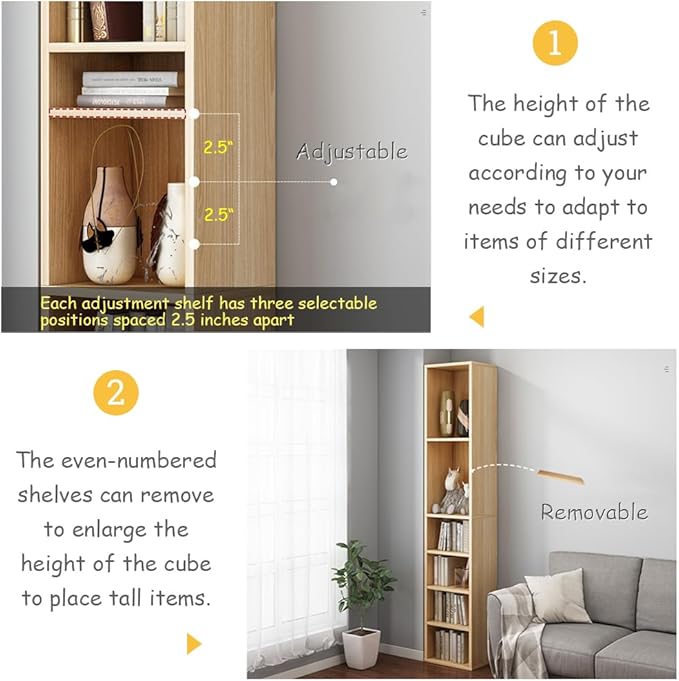 IOTXY Small Narrow Corner Bookcase - 71 Inches Tall Gap Freestanding Storage Cabinet, 8 Lattices Open Shelves Tower Rack, Cubes Bookshelf in Oak