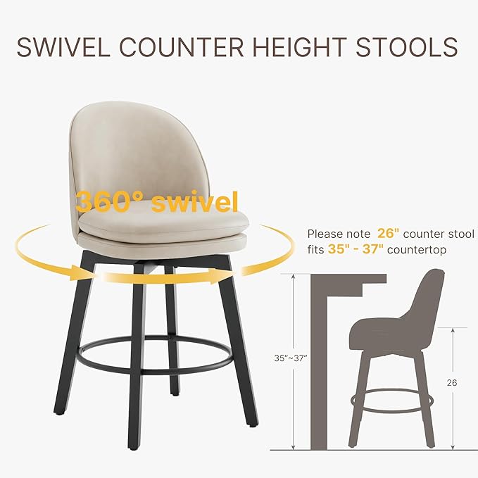 Counter Height Barstools 26 inch Upholstered Swivel Bar Stools with Back and Wood Legs for Kitchen Island,Set of 1,Beige PU Leather-Armless