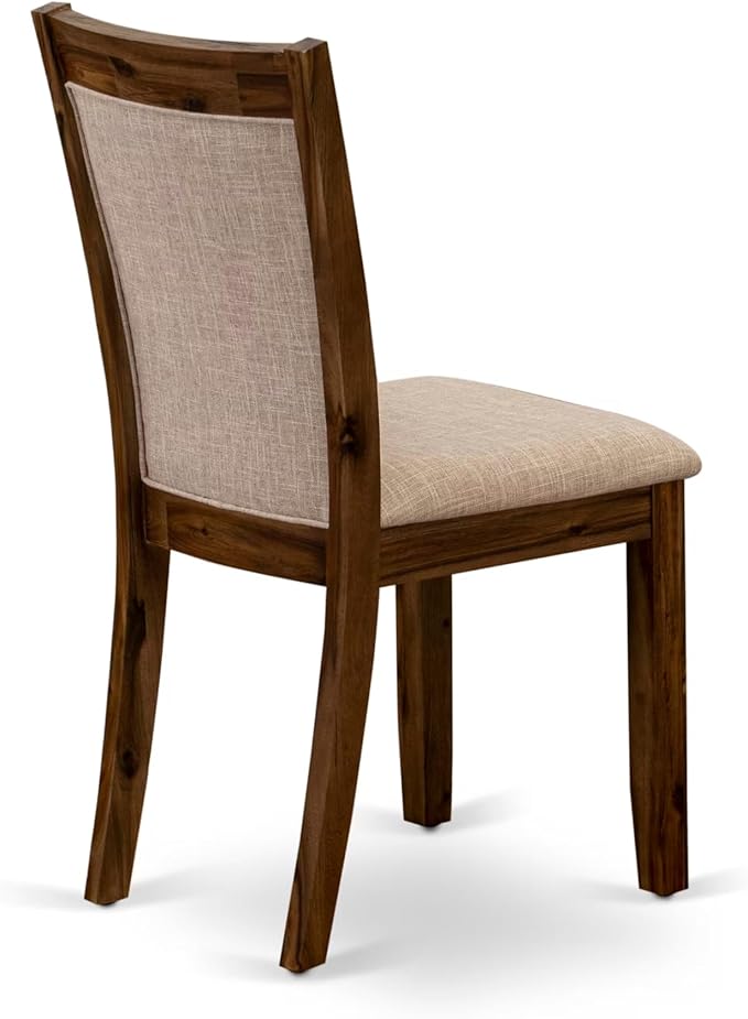 F7MZ5-50N-04 5-Pc Dining Table Set Includes a Pedestal Dinner Table and 4 Light Tan Polyester Fabric Parson Chairs with Padded Back- Antique Walnut