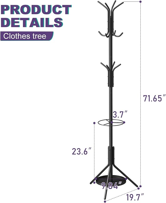 Coat Rack Freestanding,Entryway Hanger Stand,Umbrella Holder,Hall Tree With 12 Hooks, Floor Standing Metal Tree Stand,Black