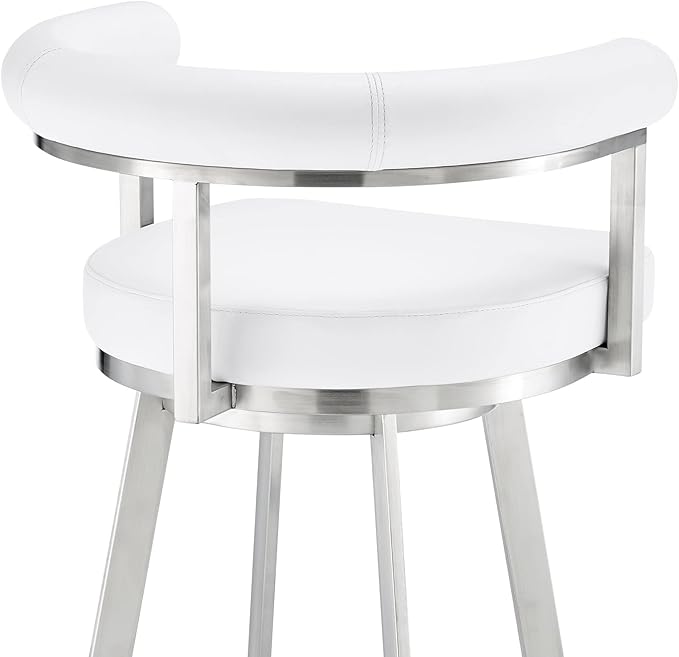 Armen Living Magnolia Swivel Counter Stool in Brushed Stainless Steel with White Faux Leather