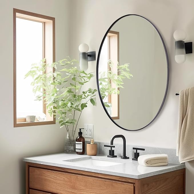 ANDY STAR Black Oval Mirror, 24x32'' Matte Black Metal Framed Oval Wall Mirror, Modern Black Vanity Mirror in Stainless Steel Frame, Wall Mount Horizontal or Vertical