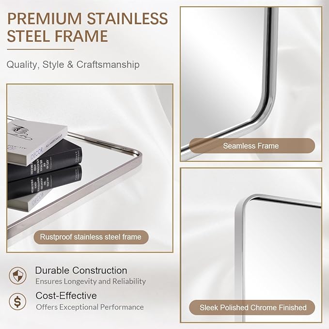 ANDY STAR Chrome Bathroom Mirror, 30x36’’ Rounded Rectangle Mirror Polished Silver Bathroom Vanity Mirror Metal Framed, SUS304-Anti-Rust, Tube Frame, Wall-Mounted Horizontal/Vertical 1’’ Deep
