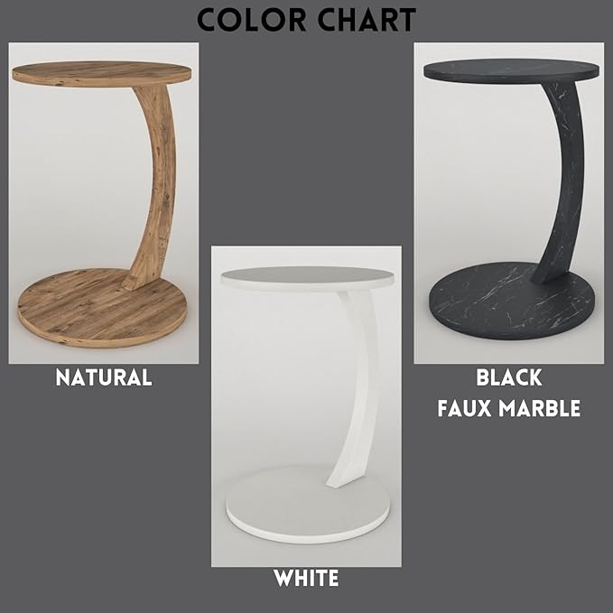 C Shaped End Table for Couch Small Places, Faux Marble Black Space Saver Round Side Table for Sofa and Bedside with Wheels, Coffee and Eating Snack Time Tray for Living Room, Office