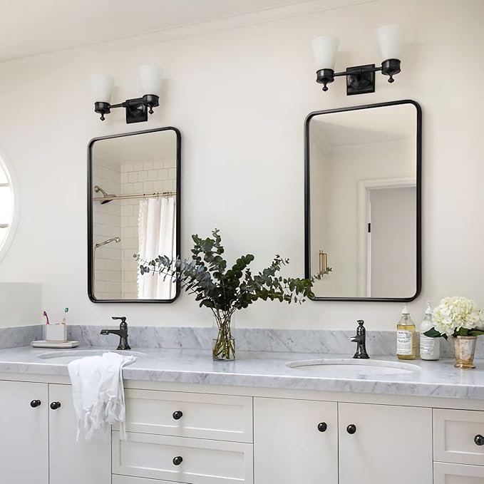 ANDY STAR Matte Black Mirror for Bathroom, 20x28 Inch Rounded Rectangle Mirror, Modern Vanity Mirror Tube Metal Frame HD Reflection Wall-Mounted Mirrors Vertically or Horizontally
