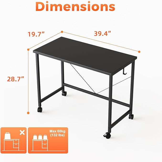 Rolling Computer Desk with Wheels, Gaming Desk for Small Spaces, Modern Simple Style Table for Home Office, Study Writing Table (Caster, Black, 40 inch)