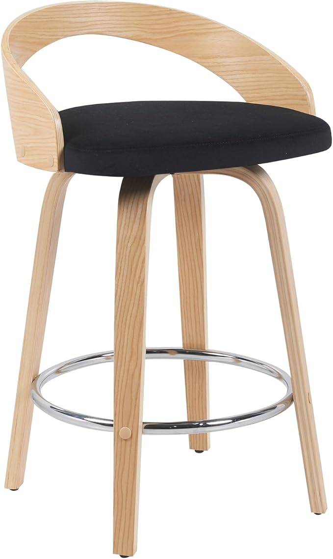 Sonia Modern Swivel Counter Height Bar Stool with Black Upholstered Seat and Patterned Oak Wood Finish Set of 3
