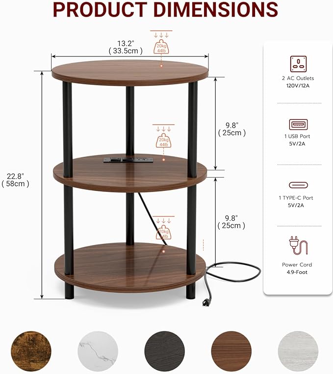 Small Round End Table - 3 Tier Design Accent Table, Narrow Side or Bedside Stand, Industrial Vintage Table for Small Spaces, Built-in USB Ports and Power Outlet, Rustic Walnut