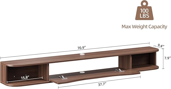 Floating TV Stand,70'' Wall Mounted TV Cabinet,Floating TV Console,Under TV Shelf with 1 Door and 2 Cabinets for TVs up to 75''(Walnut)