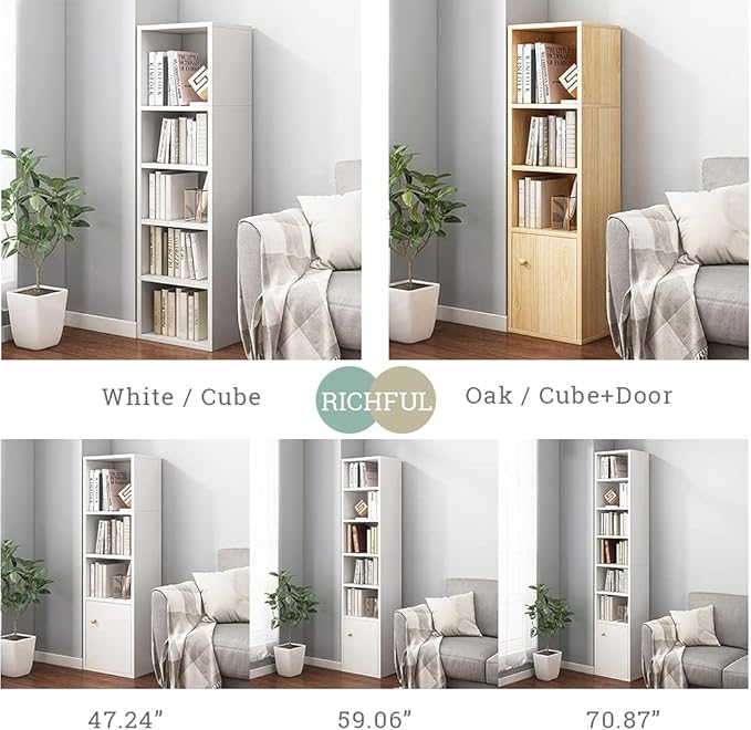 IOTXY Small Narrow Corner Bookcase - 59" Tall Free Standing Gap Storage Cabinet, 6 Lattices Open Shelves Tower Rack with Door, Cubes Bookshelf, White