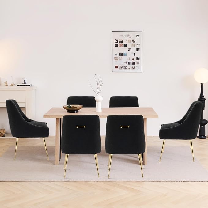 Modern Velvet Dining Chairs Set of 6, Contemporary Upholstered Furniture Collection with Polished Gold Metal Legs, Elegant Accent Chairs for Kitchen Living Room(Teddy Fleece,Black)