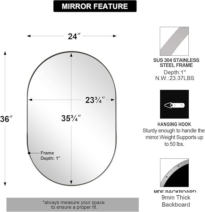 ANDY STAR Chrome Bathroom Mirror 24x36, Chrome Mirror Oval, Polished Silver Bathroom Mirror, Oval Mirrors Stainless Steel Frame Deep 1’’ Hang Vertical or Horizontal