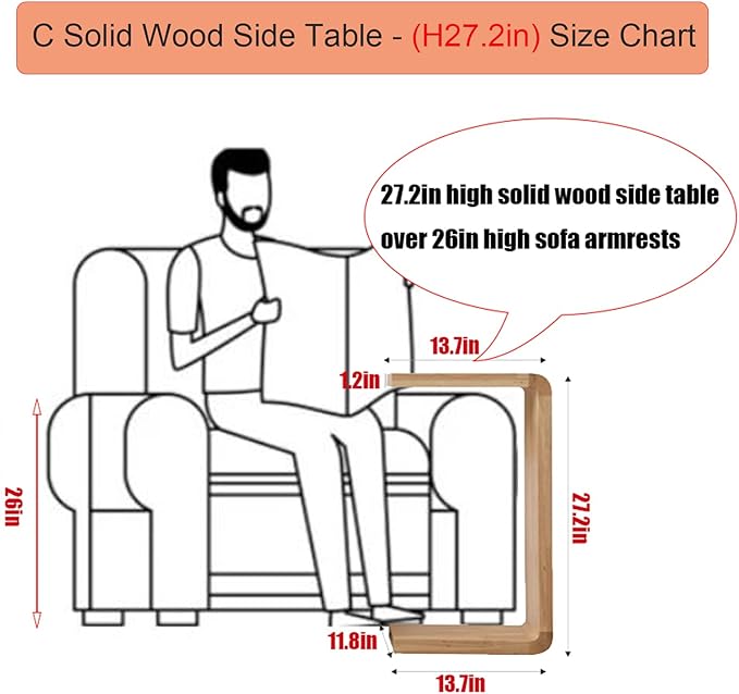 C Shaped End Table, Solid Wood C Side Table for Couch Sofa and Bed, Sofa Tables That Slide Under for Space Saving, Small Snack C Tables for Living Room Bedroom (H 27.2″ - Wood, 1)