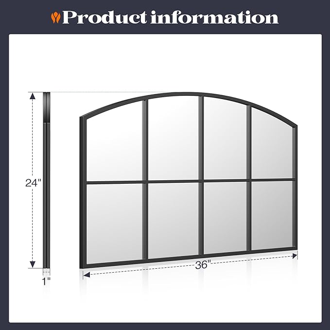 Window Pane Black Mirror, 36" x 24" Farmhouse Arched Window Mirror, Large Grid Mirror for Living Room Bedroom Fireplace Hallway Entryway