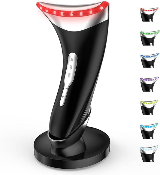 Face Neck Beauty Device, 7-Color Led Light Therapy Face Neck Massager, Multifunctional Vibration & Heat Facial Skin Care Tool, Ideal for Home Travel Skin Care, Black