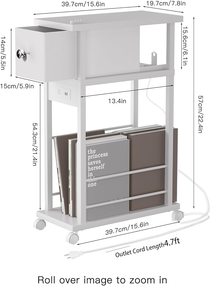 Side Table with Charging Station and Drawer, Narrow End Table with USB Ports and Outlets for Small Space, Living Room, Bedroom and Office, with 4 Wheels (1, White)