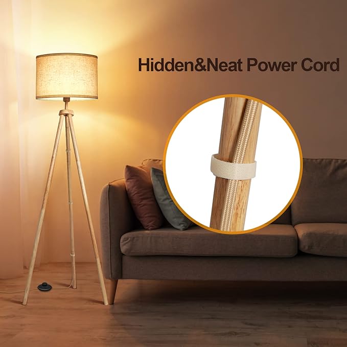 OUTON Tripod Floor Lamp, Floor Lamp with Remote Control, 4 Color Temperature, Modern Dimmable Tall Standing Lamp with Beige Linen Texture Shade for Living Room, Bedroom, Office (Nature Wood)