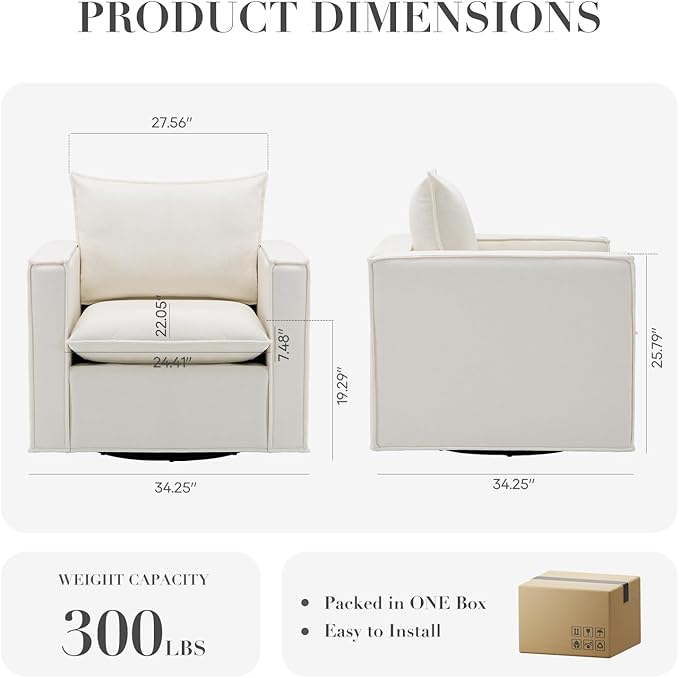 Swivel Accent Chair, 34 Inches Wide Upholstered Arm Chair with Plump Back Pillow, Modern Sofa Living Room Chair for Bedroom, Corner, Reading Nook-Beige