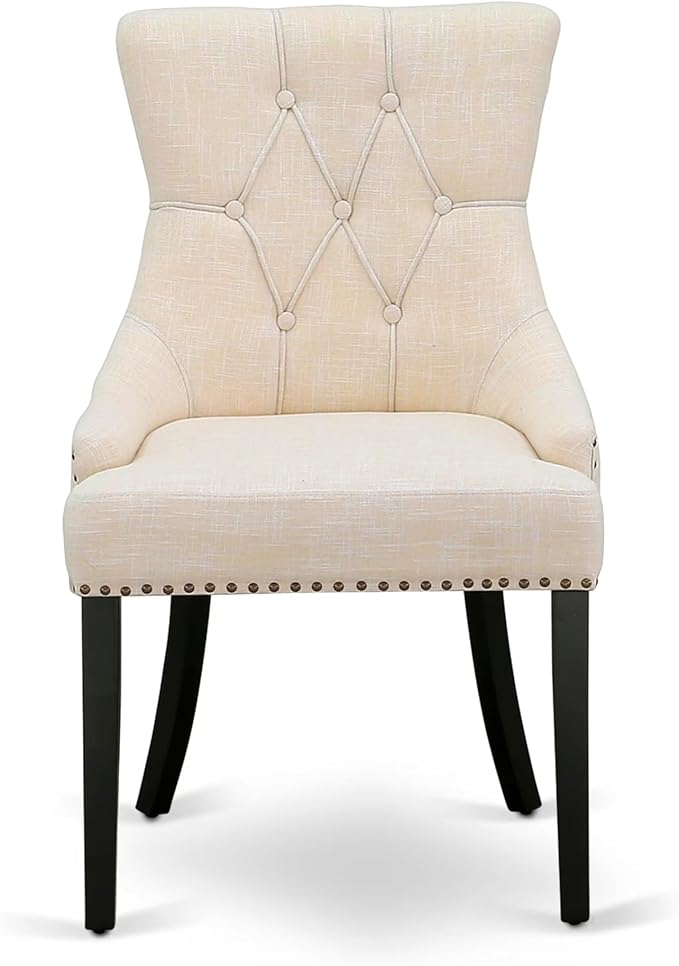 East West Furniture V697FR102-9 9 Piece Dining Room Set Includes a Rectangle Kitchen Table with V-Legs and 8 Light Beige Linen Fabric Upholstered Parson Chairs, 40x72 Inch, Multi-Color