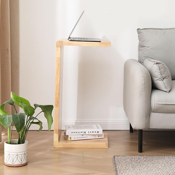 C Shaped End Table, Solid Wood C Side Table for Couch Sofa and Bed, Sofa Tables That Slide Under for Space Saving, Small Snack C Tables for Living Room Bedroom (H 27.2″ - Wood, 1)