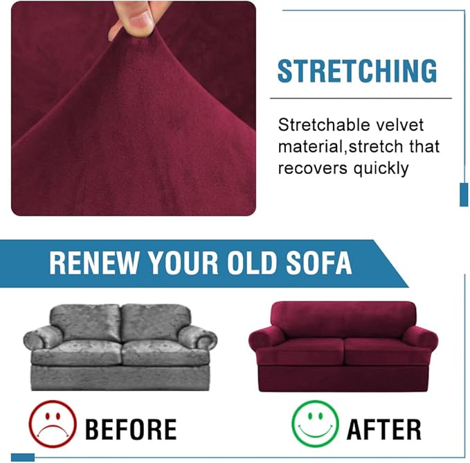 H.VERSAILTEX Sofa Cover 3 Piece T Cushion Loveseat Slipcovers Thick Velvet Couch Cover Furniture Protector Stretch T Cushion Sofa Covers for 2 Cushion Couch with 2 T Cushion Covers Washable, Burgundy
