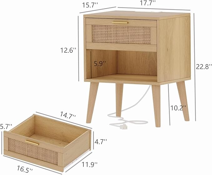 Irontar 17.7''L Nightstand Set of 2, Bedroom Night Stand with Charging Station & Rattan Drawer, Boho Style Bed Side Tables with Solid Legs, Accent End Table with Open Storage, Natural BZZ007ME02