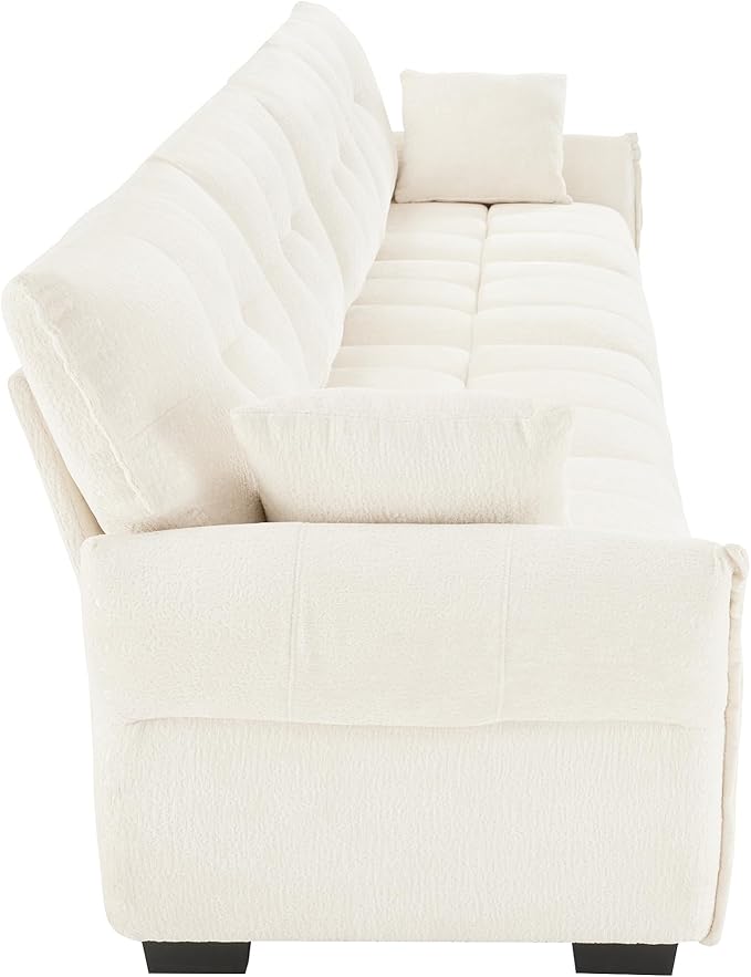 Modern Chenille Fabric 4-Seat Sofa w/ 2 Pillows, Premium Upholstery Living Room Couch with Tufted Backrest & Comfortable Armrests and High-Resilience Memory Foam Cushions,White