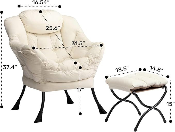 HollyHOME Fabric Lazy Chair with Foldable Ottoman, Accent Comfy Lounge Arm Chair and Folding Footrest Stool Set, Leisure Sofa Reading Chair and Footstool for Living Room, Bedroom, Dorm, Beige