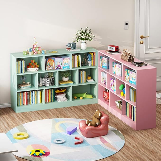 IOTXY Open Shelf Low Bookcase - Wooden 3-Tier Floor Standing Display Cabinet Organizer with Base, 8 Cubes Short Horizontal Bookshelf in Tiffany-Green