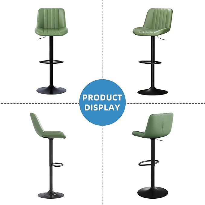 Shintenchi Swivel Bar Stools Set of 4, Adjustable Faux Leather Upholstered Swivel Counter Stools, Armless Bar Height Island Chairs with Back and Footrest, Green