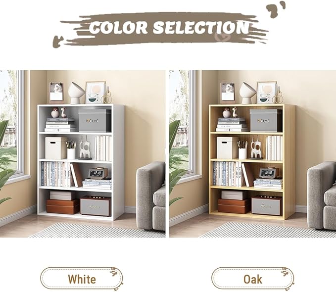 Basic Open Shelf Bookcase - 4-Tier Wooden Cube Storage Shelves Split Bookshelf, Oak