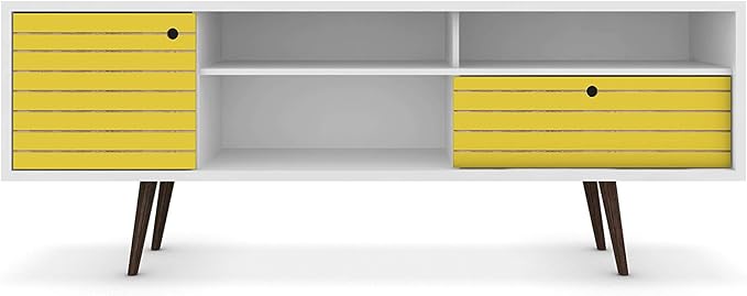 Manhattan Comfort Liberty Mid Century Modern TV Stand for Televisions up to 65 Inches, Bedroom and Living Room Entertainment Center with Storage, Shelves, and Cabinet, 71" Wide, White/Yellow