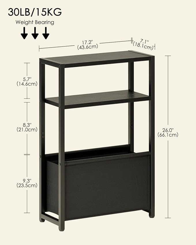 Narrow Side Table End Table, 3-Tier Side Table with Storage Bag, Narrow Nightstand for Small Spaces, Bedside Table for Living Room, Bedroom, Black