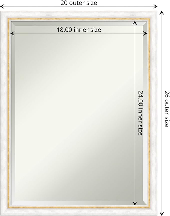 Amanti Art White Bathroom Mirror for Over Sink, 26x20 Morgan White Gold Rectangle Vanity Mirror, Medium Modern Contemporary Wood Frame, Hangs Horizonally and Vertically, Bathroom Wall Decor, Beveled