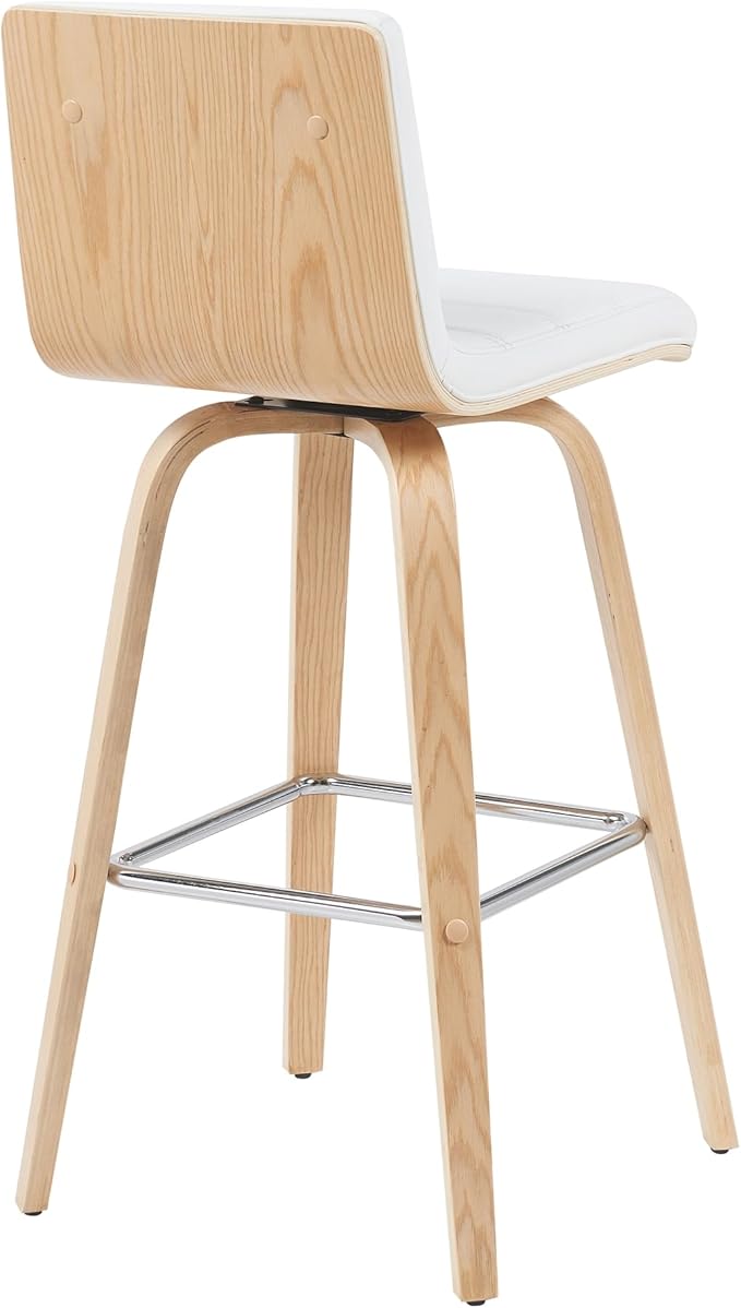 Vienna Modern Swivel Bar Height Stool with White Faux Leather Seat and Patterned Oak Wood Frame Set of 3