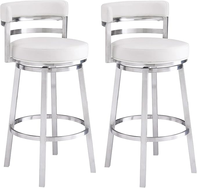 Armen Living Madrid 30" Seat Height Swivel White Faux Leather and Brushed Stainless Steel Bar Stool for Kitchen Island Counter, Set of 2