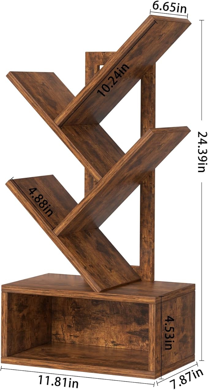 Small Tree Book Shelf,5 Tier Black Tree Bookshelf,Brown Desktop Bookcase,Modern Desk Display Storage Bookshelves,Floor Standing Organizer Bookcases for Living Room,Bedroom,Office-White-Brown