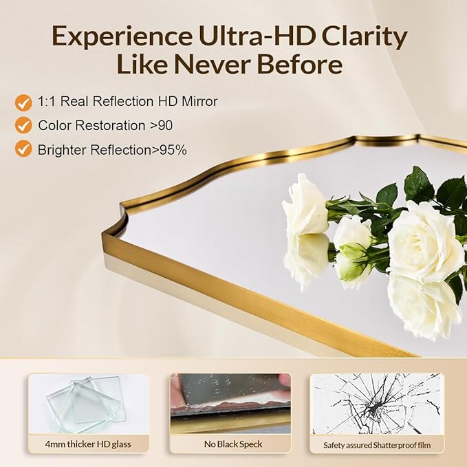 28x36 Inch Gold Scalloped Mirror, Bathroom Vanity Mirror with Stainless Steel Metal Frame, Anti-Rust, Shatterproof HD Glass, Unique Irregular Mirror for Bathroom, Bedroom, Living Room
