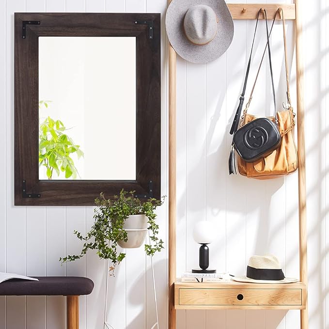 YOSHOOT Rustic Wooden Framed Wall Mirror, Natural Wood Bathroom Vanity Mirror for Farmhouse Decor, Vertical or Horizontal Hanging