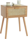 AWASEN Mid Century Nightstand, Rattan Side Table with Drawer, Modern Bedside Table with Storage and Solid Wood Legs for Living Room, Bedroom and Small Space (Brown)