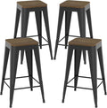 26 inch Backless Bar Stools Set of 4, Indoor Metal Bar Stools with Wood Seat, Industrial Counter Height Barstools for Kitchen Island, Black