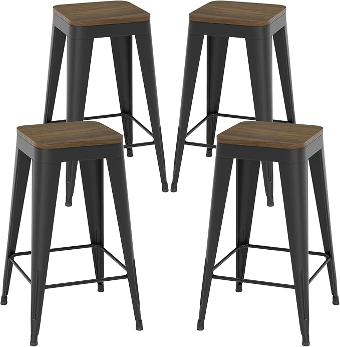 30 inch Backless Bar Stools Set of 4, Indoor Metal Bar Stools with Wood Seat, Industrial Counter Height Barstools for Kitchen Island, Black