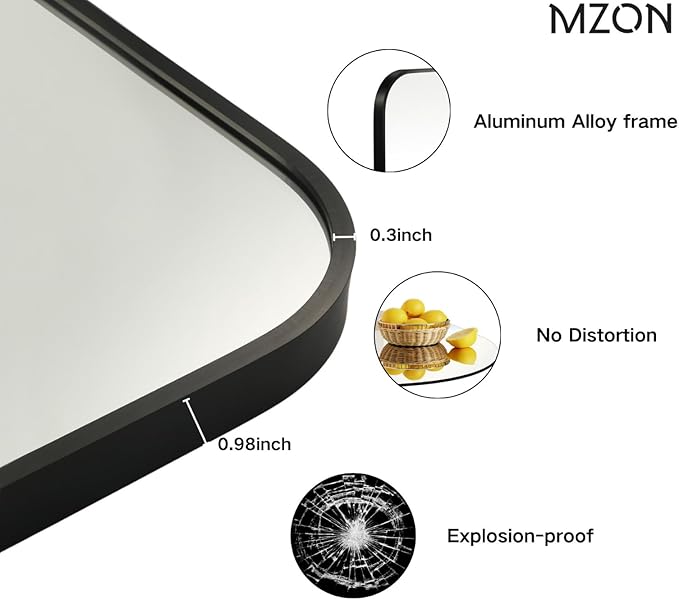 MZON 30x36 Inch Matte Black Wall Mirror, Large Rounded Rectangle Mirror for Living Room or Bathroom, Anti-Rust Frame & Tempered Glass, Horizontal/Vertical Mount - Luxe & Modern Wall Decor