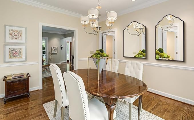 Arched Mirror Wall Decor, 36"x24" Large Vanity Mirror for Wall with Antique Black Metal Frame, Scalloped Entryway Mirror, for Bathroom, Living Room, Bedroom