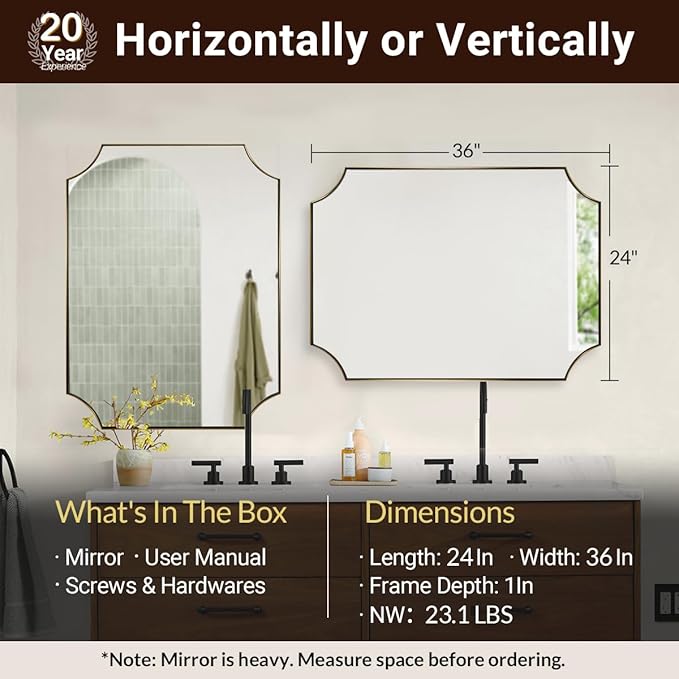ANDY STAR Brushed Gold Rectangle Mirror, 24x36 Inch Scalloped Bathroom Mirror, Unique Rectangular Mirror with Scalloped Design, Anti-Rust Stainless Steel Frame Deep 1"