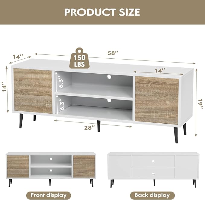 YESHOMY Modern TV Stand for 65" Television, Entertainment Center with Two Storage Cabinets, Retro Style Media Console for Living Room, Bedroom, Office, 58 Inch, Light Brown